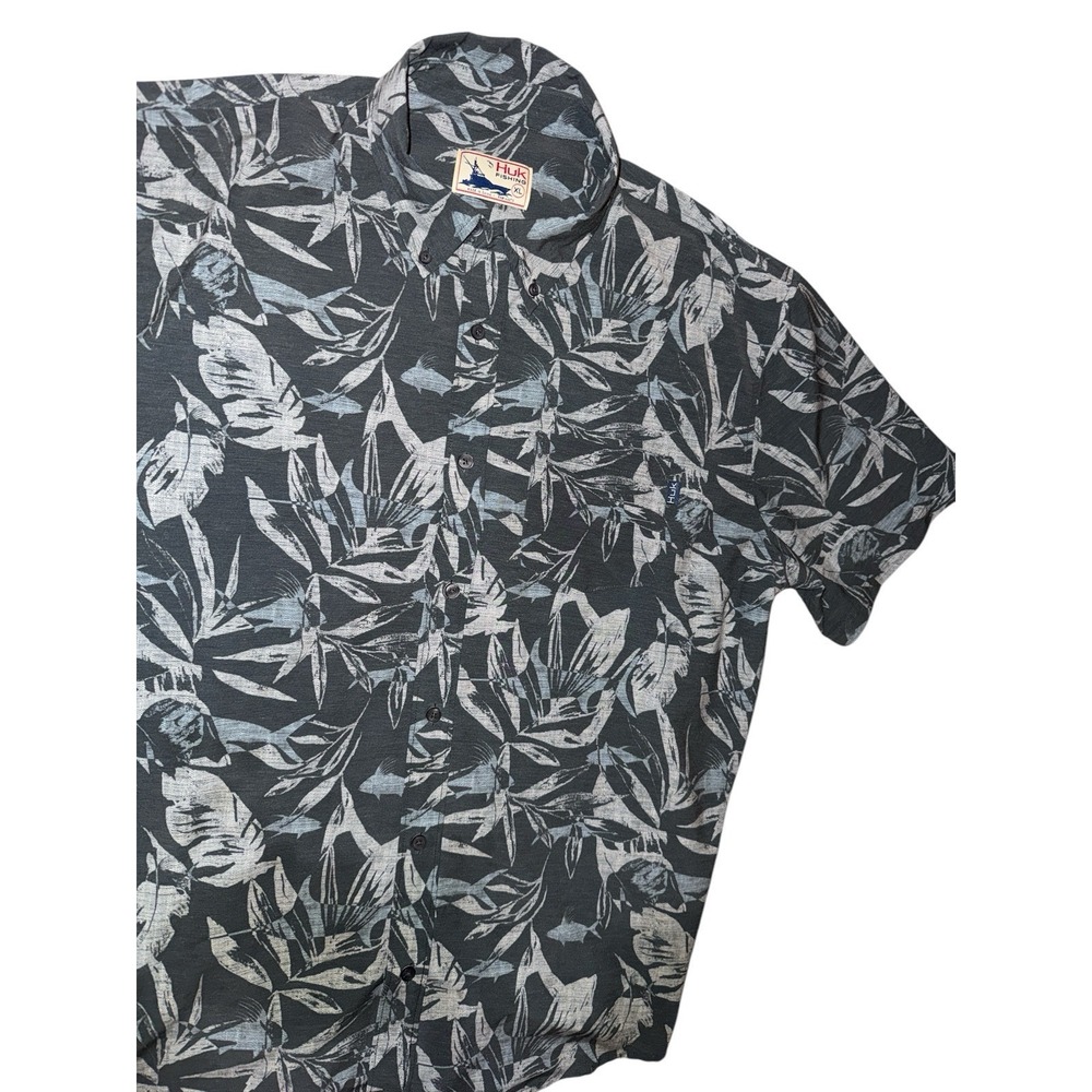 Huk Grey Blue Fishing Hawaiian Floral Fish All Over Print Button Down Sz XL‎ Men